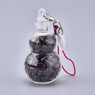 Transparent Glass Wishing Bottle Pendant Decoration, with Natural Garnet Chips inside, Plastic Plug, Nylon Cord and Iron Findings, Gourd, 111~130mm(HJEW-K033-B04)