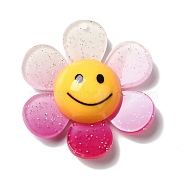 Acrylic Big Pendants with Glitter Powder, Two Tone Flower with Smile, Medium Violet Red, 52x48x14.5mm, Hole: 2mm(MACR-M023-03D)