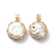 Natural Cultured Freshwater Keshi Pearl Beads Pendants, Flat Round Button Charms, with Long-Lasting Plated Golden Tone Copper Wire Wrapped, White, 18.5x13x6~7mm, Hole: 3~3.5mm(PALLOY-JF02073-01)