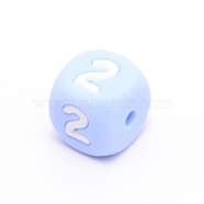Silicone Beads, for Bracelet or Necklace Making, Arabic Numerals Style, Light Sky Blue Cube, Num.2, 10x10x10mm, Hole: 2mm(SIL-TAC001-02C-2)