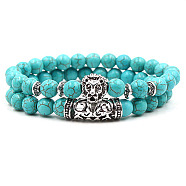 2Pcs Synthetic Turquoise Stretch Bracelet Sets for Women Men, with Tibetan Style Alloy Beads, Lion, 2pcs/set(IX3190-3)