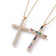 304 Stainless Steel Pendant Necklaces, with Cubic Zirconia, Cable Chains and Lobster Claw Clasps, Cross, Golden, Mixed Color, 17.7 inch(45cm), 2mm(NJEW-F271-01-G)