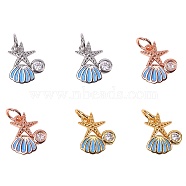 6Pcs 3 Colors Brass Charms, with Micro Pave Cubic Zirconia, Enamel and Jump Rings, Starfish with Scallop, Mixed Color, 10x8x2mm, Hole: 3.2mm, 2pcs/color(ZIRC-SZ0001-16)