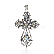 Alloy Latin Cross Clenched Large Gothic Big Pendants, with Rhinestones, Antique Silver, Crystal AB, 53x37x4mm, Hole: 4x7mm(PALLOY-I111-23AS-03)