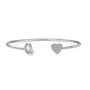 Heart & Letter Rhodium Plated 925 Sterling Silver Micro Pave Cubic Zirconia Cuff Bangles for Women, Letter Q, 0.2~0.8cm, Inner Diameter: 1-7/8x2-1/4 inch(4.85x5.65cm) (BJEW-C062-01Q-P)