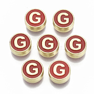 Alloy Enamel Beads, Cadmium Free & Nickel Free & Lead Free, Flat Round with Initial Letters, Light Gold, Letter.G, 8x4mm, Hole: 1.5mm(X-ENAM-S122-028G-NR)