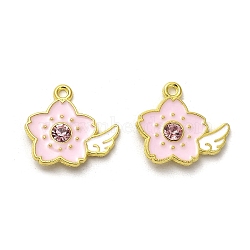 Alloy Enamel Pendants, with Rhinestone, Golden, Flower with Wing Charm, Pink, 18x20x3.5mm, Hole: 1.8mm(ENAM-R145-10G)
