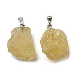 Raw Rough Natural Lemon Quartz Pendants, Nuggets Charms with Stainless Steel Tone 201 Stainless Steel Snap on Bails, 26~28.5x24~27x19~21mm, Hole: 8x3mm(G-M405-02P-03)