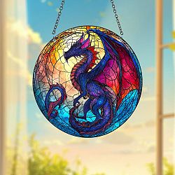 Acrylic Hanging Ornaments, Flat Round with Dragon Pattern Suncatchers for Garden Outdoor Hanging Decorations, Mauve, 150x3mm(PW-WGA481D-01)