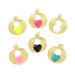 Rack Plating Brass Enamel Pendants, with Jump Ring, Long-Lasting Plated, Real 18K Gold Plated, Cadmium Free & Lead Free, Wing with Heart Charm, Mixed Color, 20.5x19x3.5mm, Jump Ring: 5x0.8mm, Inner Diameter: 3.5mm(KK-C008-14G)