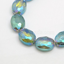 Faceted Electroplate Crystal Glass Oval Beads Strands, Rainbow Color Plated, Medium Aquamarine, 16x12x7mm, Hole: 1mm, about 50pcs/strand, 25.1 inch(EGLA-F058B-08)
