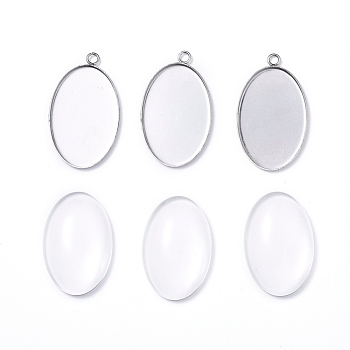 DIY Pendant Making, with 304 Stainless Steel Pendant Cabochon Settings and Transparent Oval Glass Cabochons, Stainless Steel Color, Cabochons: 30x20x6mm, 1pc/set, Settings: 35x21x1.5mm, hole: 2mm, 1pc/set