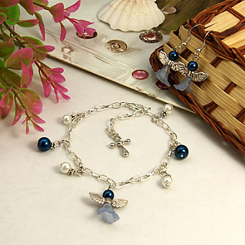 Lovely Wedding Dress Angel Jewelry Sets: Earrings & Bracelets, Marine Blue, Bracelets: about 270mm long, Earrings: about 40mm long