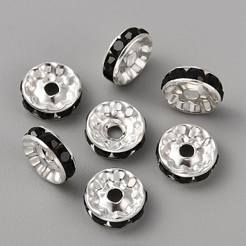 50Pcs Alloy Rhinestone Spacer Beads, Flat Round/Disc, Silver, Jet, 10x3.5mm, Hole: 2mm