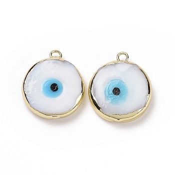 Handmade Lampwork Pendants, with Golden Plated Brass Findings, Cadmium Free & Lead Free, Flat Round with Evil Eye, White, 21x18x4.5mm, Hole: 1.6mm