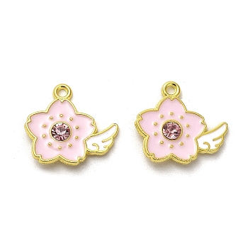 Alloy Enamel Pendants, with Rhinestone, Golden, Flower with Wing Charm, Pink, 18x20x3.5mm, Hole: 1.8mm