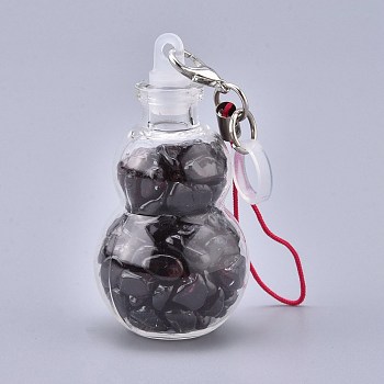 Transparent Glass Wishing Bottle Pendant Decoration, with Natural Garnet Chips inside, Plastic Plug, Nylon Cord and Iron Findings, Gourd, 111~130mm
