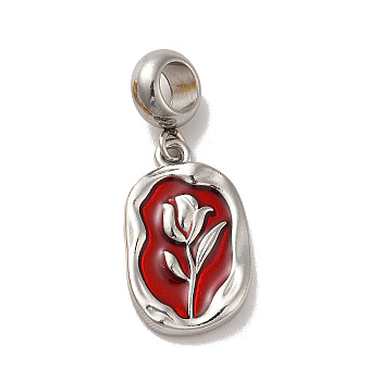 304 Stainless Steel FireBrick Enamel European Dangle Charms, Large Hole Pendants, Oval with Tulip Pattern, Stainless Steel Color, 28mm, Pendant: 20x12x3mm, Hole: 4.5mm