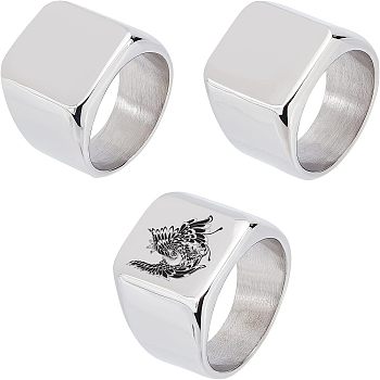 3Pcs 3 Size 304 Stainless Steel Rectangle Signet Finger Rings, Chunky Wide Rings for Men Women, Stainless Steel Color, US Size 9~11 1/2(18.9~20.9mm), 1Pc/size