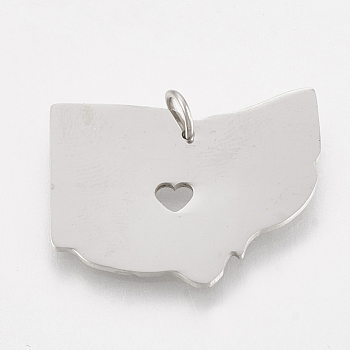 201 Stainless Steel Pendants, Map of Ohio, Stainless Steel Color, 19.5x25x1mm, Hole: 3mm