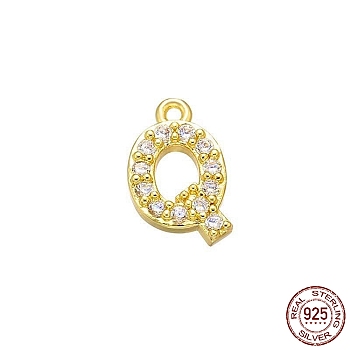 Real 18K Gold Plated 925 Sterling Silver Micro Pave Clear Cubic Zirconia Charms, Initial Letter, Letter Q, 9.5x6x1.5mm, Hole: 0.9mm
