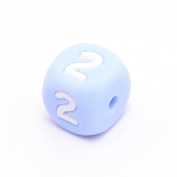 Silicone Beads, for Bracelet or Necklace Making, Arabic Numerals Style, Light Sky Blue Cube, Num.2, 10x10x10mm, Hole: 2mm