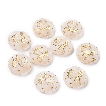 Plating Acrylic Beads, Golden Metal Enlaced, Frosted, Flat Round with Flower, Moccasin, 18x5mm, Hole: 1.8mm, about 399pcs/500g