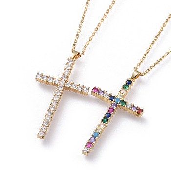 304 Stainless Steel Pendant Necklaces, with Cubic Zirconia, Cable Chains and Lobster Claw Clasps, Cross, Golden, Mixed Color, 17.7 inch(45cm), 2mm