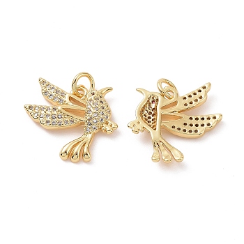 Brass Micro Pave Cubic Zirconia Pendants, Bird Charm, with Jump Ring, Real 18K Gold Plated, 20x17x3mm, Hole: 3mm
