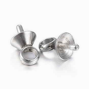 304 Stainless Steel Cup Pearl Peg Bails Pin Pendants, For Half Drilled Beads, Stainless Steel Color, 7x4mm, Hole: 2mm, Pin: 0.8mm