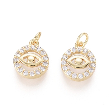 Brass Charms, with Clear Cubic Zirconia and Jump Rings, Flat Round with Eye, Golden, 11.5x9x3mm, Hole: 2.5mm