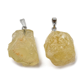 Raw Rough Natural Lemon Quartz Pendants, Nuggets Charms with Stainless Steel Tone 201 Stainless Steel Snap on Bails, 26~28.5x24~27x19~21mm, Hole: 8x3mm