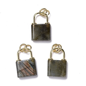 Natural Labradorite Pendants, with Golden Brass Findings and Jump Rings, Cadmium Free & Lead Free, Lock, 27x18x5.5mm, Hole: 6mm