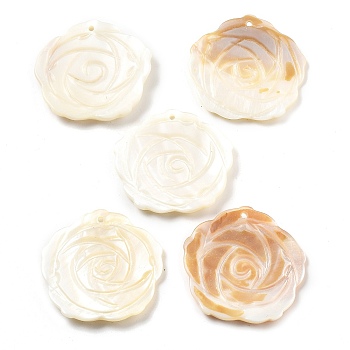 Natural Freshwater Shell Carved Pendants, Flower Charms, Floral White, 43~44x43~44x3~4mm, Hole: 1.8mm