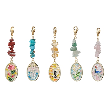 Alloy Enamel Pendant Decorations, with Natural & Synthetic Gemstone, Oval with Animal, Mixed Color, 70~72mm