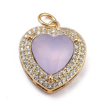 Eco-Friendly Brass Micro Pave Cubic Zirconia Pendants, with Faceted Glass & Jump Ring, Real 18K Gold Plated, Long-Lasting Plated, Heart, Lilac, 19x16.5x6.5mm, Jump Ring: 5x0.7mm, Inner Diameter: 3.6mm