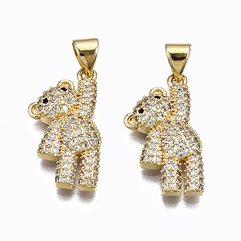 Brass Micro Pave Clear Cubic Zirconia Pendants, Inlay Bear Shape Charms, Cadmium Free & Nickel Free & Lead Free, Real 16K Gold Plated, 22x11x3.5mm, Hole: 4x2mm