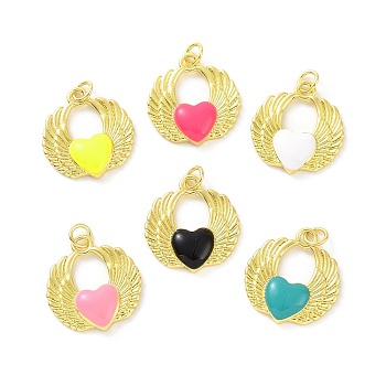 Rack Plating Brass Enamel Pendants, with Jump Ring, Long-Lasting Plated, Real 18K Gold Plated, Cadmium Free & Lead Free, Wing with Heart Charm, Mixed Color, 20.5x19x3.5mm, Jump Ring: 5x0.8mm, Inner Diameter: 3.5mm