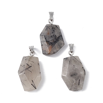 Natural Black Rutilated Quartz Pendants, Faceted Polygon Charms, with Stainless Steel Color Plated 201 Stainless Steel Snap on Bails, 21~29x16~23x6~8mm, Hole: 2x7mm
