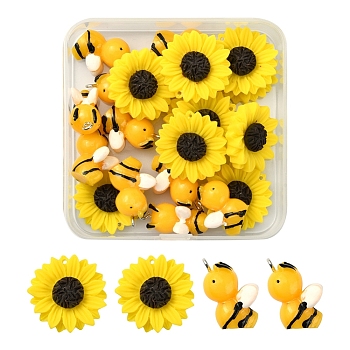 20Pcs 2 Style Opaque Resin Pendants, Sunflower & Bee, Mixed Color, 19~24x15~24x7~10mm, Hole:1~ 1.8mm, 10pcs/style