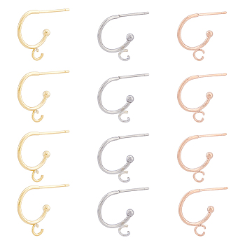 24Pcs 3 Color 304 Stainless Steel Stud Earring Findings, Half Hoop Earrings Findings with Horizontal Loops, with 30Pcs Plastic Ear Nuts, Mixed Color, 15.5x12.5x2.4mm, Pin: 0.7mm, 8Pcs/color