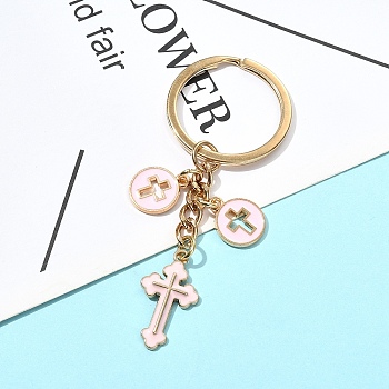 Alloy Enamel Keychain, with Iron Rings, Corss, Pink, 79mm