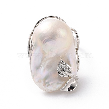 Natural Pearl Nugget with Cubic Zirconia Leaf Open Cuff Ring(RJEW-P033-02P-02A)-3