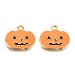 Light Gold Plated Alloy Pendants, with Enamel, Pumpkin Jack-O'-Lantern, Halloween, Light Salmon, 16x18x2.5mm, Hole: 2mm(X-ENAM-T009-25)
