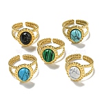 Ion Plating(IP) 304 Stainless Steel Open Cuff Rings, Synthetic Malachite & Turquoise Oval Finger Rings for Women Men, Real 18K Gold Plated, Adjustable(RJEW-C079-13G)