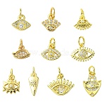 10Pcs 10 Styles Eye Theme Brass Micro Pave Cubic Zirconia Pendants, with Jump Ring, Eyes Charms, Real 18K Gold Plated, 7~13x5~13x1.5~2.5mm, Hole: 3mm, 1pc/style(KK-CJ0002-51)