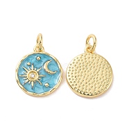 Rack Plating Brass Pendants, with Enamel and Jump Ring, Cadmium Free & Lead Free, Long-Lasting Plated, Flat Round with Sun & Moon Pattern, Real 18K Gold Plated, 15x13x2mm, Jump Ring: 5x1mm, Inner Diameter: 3mm(X-KK-C004-02G)