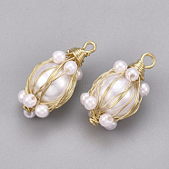 ABS Plastic Imitation Pearl Pendants, with Brass Findings, Creamy White, Real 18K Gold Plated, 21~23x10~11mm, Hole: 2mm(KK-S348-180)