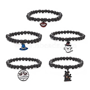 Natural Lava Rock Round Beaded Stretch Bracelet with Enamel Halloween Charms, Essential Oil Gemstone Jewelry for Women, Mixed Color, Inner Diameter: 2-1/8 inch(5.5cm)(BJEW-JB08331)