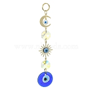 Handmade Lampwork Evil Eye Pendant Decorations, with Glass Octagon and Brass Links, Moon & Sun, for Home Hanging Ornaments, Golden, 129mm, Hole: 10mm(HJEW-JM01099)